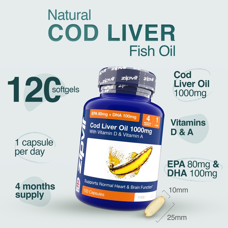 Cod Liver Oil 1000mg, 120 Softgels. EPA 80mg DHA 90mg.