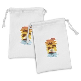 Ambesonne Beach Fabric Pouch Set of 2, Tropical Abstract Background with Palm Trees and Sunset Ocean Coastline, Small Drawstring Bag for Toiletries Masks and Favors, 9" x 6", Orange Pale Blue Brown