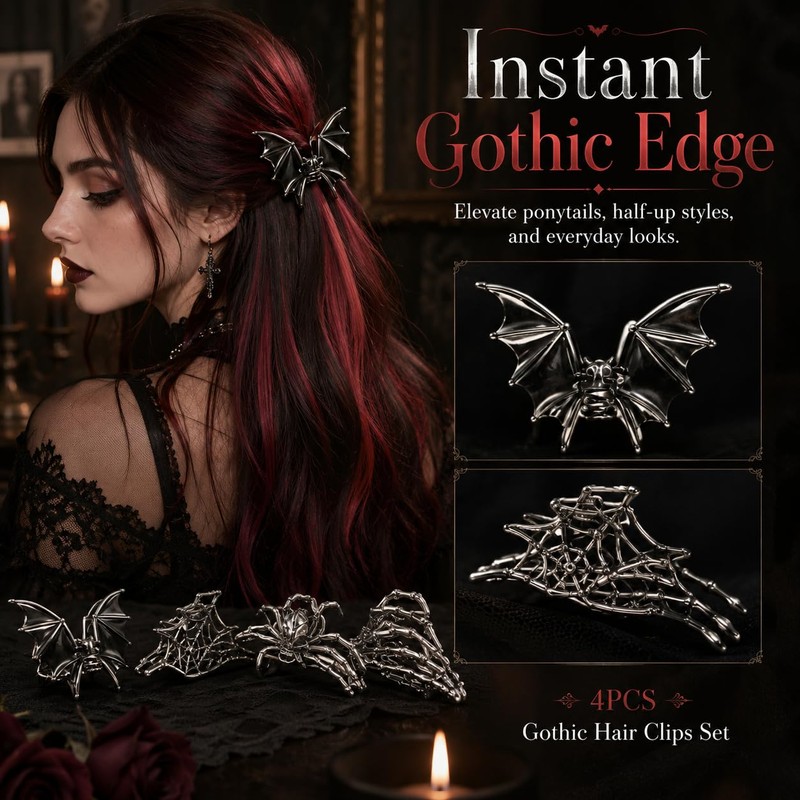 4PCS Gothic Hair Claw Clips, Spider Bat Skull Designs for
