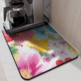 Thideape Dish Drying Mat, 24x18in, Watercolor Flower, Nylon, Diatomite, Rubber Backed, Absorbent, Quick Dry, Non-Slip, Wide Use