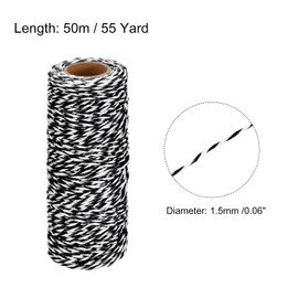 sourcing map Cotton Rope Twisted Braided Rope Cord, Black White50m/55 Yard 1.5mm Dia for Wall Hanging, Plant Hanger, Knitting, Macrame Knotting