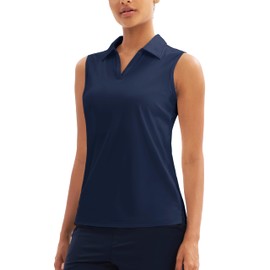 MAGCOMSEN Women's Polo Shirts Sleeveless Golf Tank Tops UPF 50+ Moisture Wicking Collared Workout Pickleball Tops Navy M
