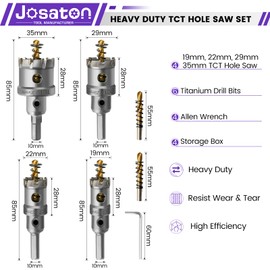 Hole Saw Josaton TCT Carbide Hole Saw for Metal 4Pcs Hole Cutter Heavy Duty Industrial Hole Saw with Titanium Pilot Drill Bit for Metal, Stainless Steel, Iron, Wood, Aluminium 19mm 22mm 29mm 35mm
