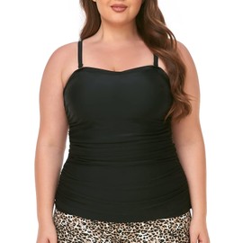 Ocean Blues Women's Black Bandeau Tankini Top Ruched Tummy Control Bikni Top Strapless Bathing Suit Top Only Size Medium