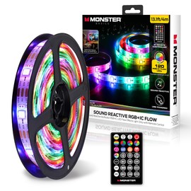 Monster 13.1ft Color Flow Multi-Color LED Light Strip, Indoor, Fun Flash Mode, Remote Control, Dimmable, Self Adhesive, Timer, 120 RGB+IC LEDs, USB Powered, Multi-White, Sound Reactive