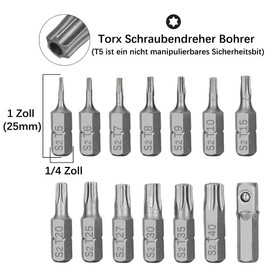 Saipor 14-Piece T5-T40 Torx Screwdriver Bit Set with Hole, 1/4 Inch Hex Shank Screwdriver Bit S2 Steel Magnetic Torx Bit Assortment Torx Tamper Proof Security Bits with Slot (25 mm Length)