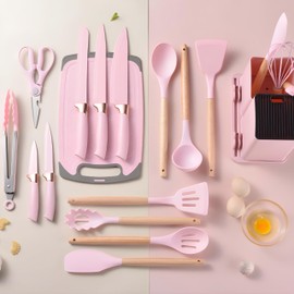 Cooking Utensils Set for Kitchen,19 Kitchen Utensils Set with 11 Non-Stick Silicone Heat Resistant Kitchen Gadgets,5 Anti-Rust Stainless Steel Sharp Kitchen Knife Set Scissors and Cutting Board (Pink)