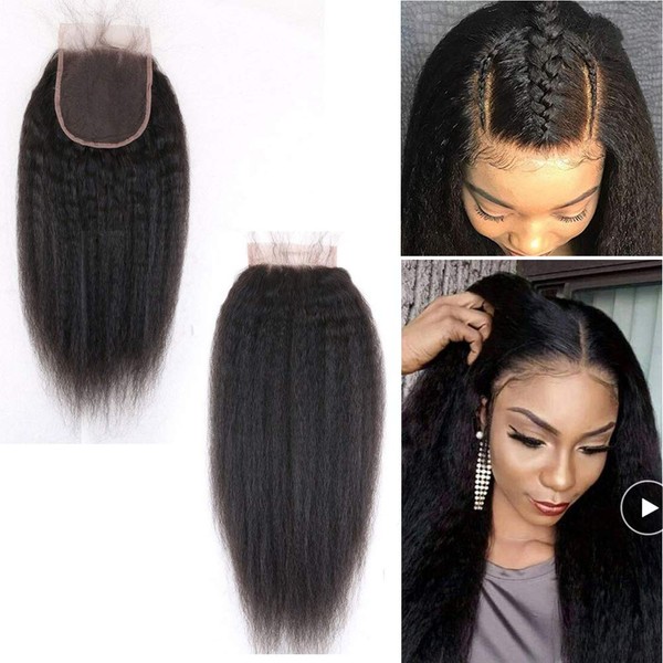 14"Italian Coarse Yaki Straight Curly Lace Closure Afro Kinky Straight Human Hair 4"x4"Top Closures Piece with Baby Hair For Black Women