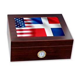 Premium Desktop Humidor - Glass Top - Flag of Dominican Republic - Waves with USA Flag - Cedar lined with humidifier & front mounted hygrometer.