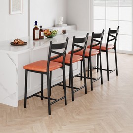 Garvee Metal Dining Chairs Set of 4, Counter Height Bar Stools with X Back and Thick Cushion PU Leather Restaurant Dining Room Chairs with Waterproof Surface