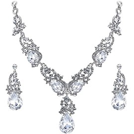 Secret for Longevity Silver Tone Antique Style Art Deco Clear Crystal Rhinestone Statement Wedding Bridal Prom Chunky Statement Earrings Necklace Gift Set