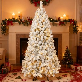 Makeatree 6 FT Prelit Snow Flocked Artificial Christmas Tree With 300 Warm White Lights