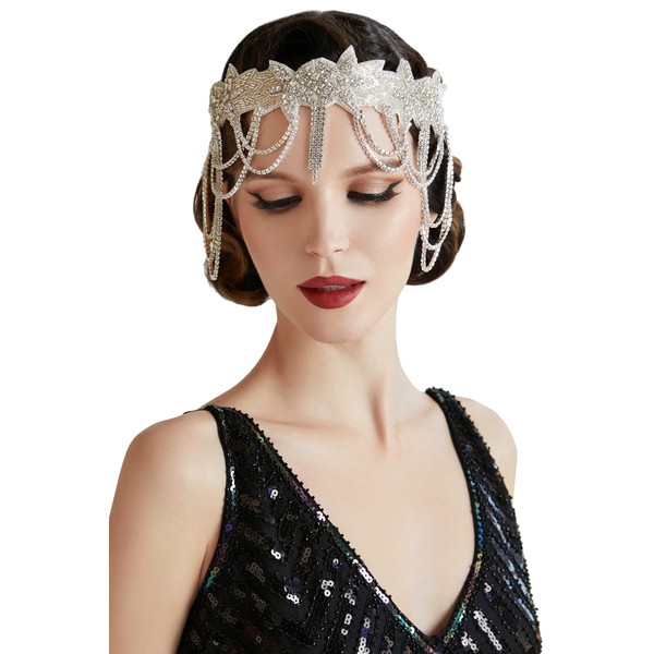 BABEYOND 1920s Flapper Headpiece Roaring 20s Headband Great Gatsby Headband Chain for Women Vintage Hair Accessory (White)