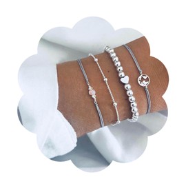 Yienate Bohemia Love beaded Bracelet with Rhinestones Map Opal Bead Chain Silver Bracelet Set for women and girls（4 pcs）