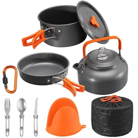 Camping Cooking Set WODSTA camping equipment for 1-3 People Aluminium Camping Cookware 9 PCS Camping Accessories Cooking Include 1.5L Pot, 0.8L Kettle and Pan etc |Easy to Clean||Easy to Pack Away|