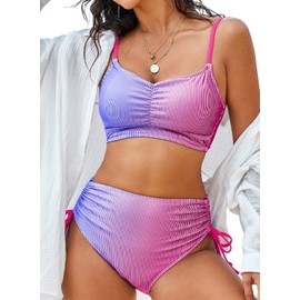 Herseas Women's Bikini Sets Two Piece Tie Dye Swimsuit High Waisted Scoop Neck Front Ruched Adjustable Spaghetti Straps Bathing Suit Rose Red X-Small