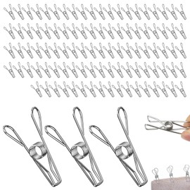 Rseuphiee Pack of 100 Washing Pegs, Stainless Steel Clothesline Clips, Multifunctional Metal Clips, for Towel, Clothes, Socks, Clothesline, Camping, Paper Files