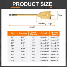 HARFINGTON 9Pcs Spade Drill Bit Paddle Flat Bits Set Wood Hole Cutter with Quick Change 1/4 Inch Hex Shank for Woodworking Fiberglass, Gold Tone