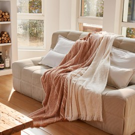 EASEON Throw Blanket for Couch-Soft Boho Bed Throw Blanket,Knitted Boho Fluffy Throw Blanket,Cozy Fuzzy Blanket,Knit Blankets&Throws for Chair,Sofa,Home Decor,Woman,Gift,Summer(Striped Orange,51*63")