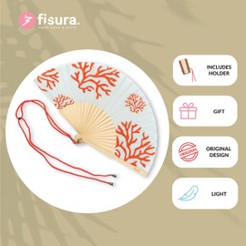 Fisura - Original corals folding fan. Blue handheld folding fan for women. Hanger included. Fans for wedding, party, gift.