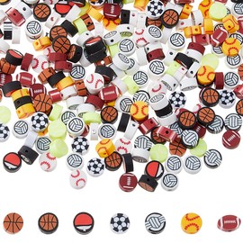 DICOSMETIC 300Pcs Sports Theme Beads 9.5x4.5mm Polymer Clay Beads Friendship Sports Bracelet Bead Football Basketball Rugby Volleyball Baseball Bead for Jewelry Making, Hole: 1.8mm