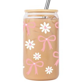Lovearth Coquette Aesthetic Glass Cup, Bow Daisy Cup, 16 oz Pink Tumbler w/Lid & Straw, Iced Coffee Cup, Cute Christmas, Birthday Gifts for Women, Mom, Teen Girl, Girlfriend, Best Friend, Coworker