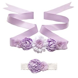 Maternity Flower Sash Belt Headband Set, Women Girls Wedding Baby Shower Sash Lavender