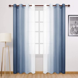 DWCN Blue Ombre Faux Linen Sheer Curtains - Extra long Gradient Semi Voile Grommet Top Bedroom and Living Room Curtains, 52 x 102 Inches Long, Set of 2 Window Curtain Panels, Denim Blue