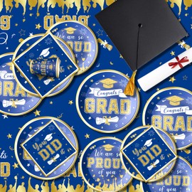 2025 Graduation Party Decorations Blue and Gold Grad Party Supplies with Paper Plates Napkins Cup Tablecloth and Congrats Grad Banner for Graduation Decorations, Serve 24