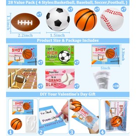 28 Pack Valentines Day Gifts for Kids Classroom Valentines Day Cards with Sports Ball Fidget Stress Balls Squeeze Foam Balls for Kids School Stress Relief Toys Party Favors Valentines Exchange Gifts