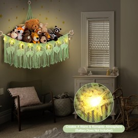 ANROYE Macrame Stuffed Animal Storage with Star Light, Bear Blue Hammock for Girls Room Decor, Corner Hanging Mesh Organizer Idea for Nursery, Plushies Toy Wall Hanging Display Holder Kid Boy Gift