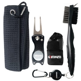 Geeorzo Golf Accessories, Retractable Golf Club Brush, Foldable Golf Divot Repair Tool, Microfiber Golf Towel for Golf Bags with Clip (Black)