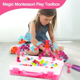 Kaemgyyd Magic Montessori Play Toolbox，249Pcs Magic Montessori Play Toolboxwith Electric Drill, 2D/3D Creativity Tool Box Montessori Toys Gift for Age 3-12 Years Old Girls, Pink