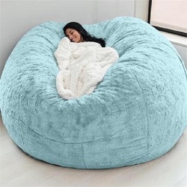 (Cover only, No Filler) Giant Fur Bean Bag Chair Cover for Kids Adults, Living Room Furniture Big Round Soft Fluffy Faux Fur Beanbag Lazy Sofa Bed Cover (Sky Blue, 6FT)