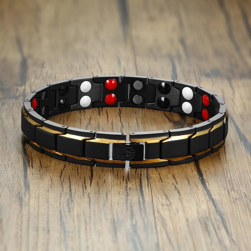 Rockyu Titanium Material, Men's Magnetic Bracelet, IP Gold Plating, Black
