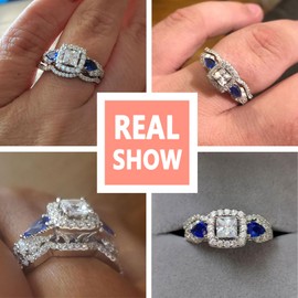 SHELOVES Blue Sapphire Wedding Rings Bridal Set for Women Princess Cut Simulated Diamond 925 Sterling Silver Sz J 1/2