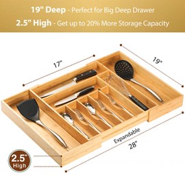 Umilife Extra Large Expandable Kitchen Siverware Utensils Drawer Organizer, 19" Deep for Big Drawer, Adjustable Bamboo Wood Drawer Divider with Curved Grooves, Cutlery Tray Flatware Holder