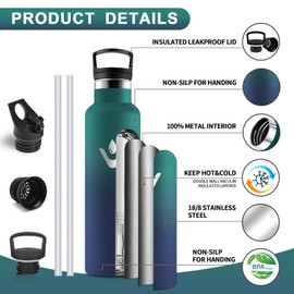 Vikastar Stainless Steel Drinking Bottle, Thermos Flask, 750 ml, BPA-Free Drinking Bottle, Thermos Bottle with Straw, Drinking Bottle for School, Sports, Bike, Camping, Dark Green & Dark Blue