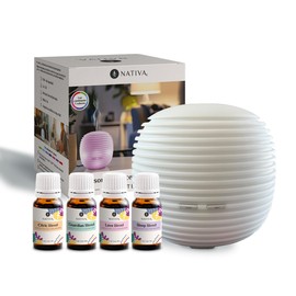 Nativa 5 | Kit Difusor + Colección 4 Blends Aromaterapia | Armoniza tu Ambiente |Sinergias con Aceites Esenciales 100% Puros | Luz Cambiante de 7 colores | Apagado Automático |Diseño Minimalista 11mL