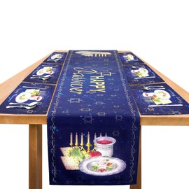 Tessco Set of 7 Happy Passover Table Runner and Placemats Pesach Star of David Passover Menorah Jewish Decor Jewish Table Decor for Feast Mode Festival Holiday Party Kitchen Dining Room Home