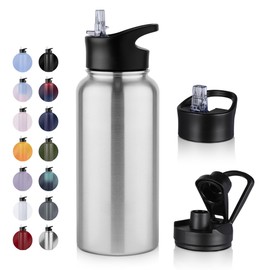 UMBFUN Stainless Steel Drinking Bottle – 1 Litre – with Straw, Leak-Proof, Suitable for Carbonated Drinks, BPA-Free Thermos Bottle (+ 2 Lids) Vacuum Double Wall Insulation for Sports, Travel, Camping,