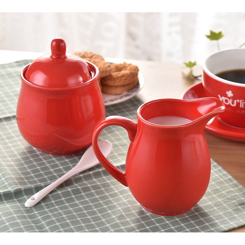 Ceramic Colorful Creamer and Sugar Set with Lid Spoon, Coffee