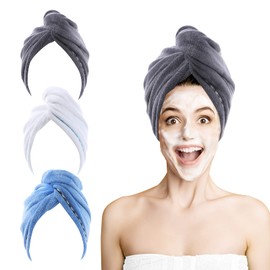 ROSSHINE Microfibre Hair Towel Wraps, Pack of 3 Magic Fast Hair Drying Towels (63 x 25 cm) Ultra Absorbent, Anti Frizz and Soft Hair, Wet Long, Short, Thick Hair, Blue, White, Grey