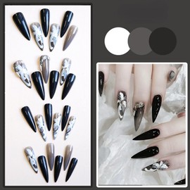 Rchovsam Long Almond Tip Press on Nails Dark Black Nails Press Ons Flowers Diamond Designs False Nails Full Cover Glossy Artificial Fake Nails Holiday Gift for Women 24pcs