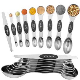 Magnetic Measuring Spoons Set Stainless Steel with Leveler, Dual-Sided Metal Measuring Spoons for Baking & Cooking, Fits in Spice Jars, Must-have Kitchen Gadgets, 8 Measuring Spoons & 1 Leveler, Black