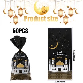 Eid Mubarak Gift Bags, Pack of 50 Eid Mubarak Party Bags, Ramadan Theme Mosque Printed Pattern Gift Bag Eid Mubarak Party Bags with 50 Twist Ties for Eid Mubarak Party Decoration (Black)