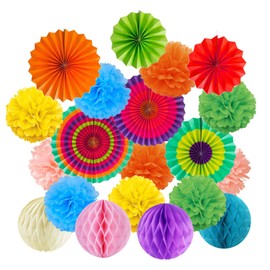 ZERODECO Multicolor Party Decorations, Hanging Paper Fans Tissue Paper Pom Poms Flower and Honeycomb Balls for Birthday Party Wedding Festival Christmas Decorations