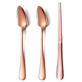 Rose Gold Grapefruit Spoons 3 Pieces Set, 2 Stainless Steel Grapefruit Spoon And 1 Grapefruit knife With Titanium Plating, Grapefruit Utensil Set, Serrated Edges Spoon pack of 3