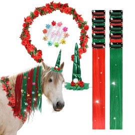 22Pcs Horse Costume, Unicorn Horn, Pony Bling Hair Accessory Set, Horses Tail Extension with Mini Clip, Pony Tinsel Rose Flower Vine for Real Horse Birthday Party Decor Race