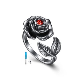 AOBOCO Rose Urn Rings for Women Sterling Silver Black Rose Rings for Ashes for Loved One